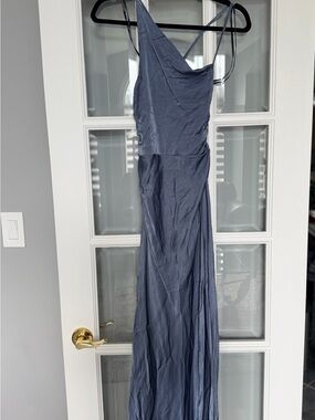 Shona Joy Slate Blue Satin One-Shoulder Maxi Dress